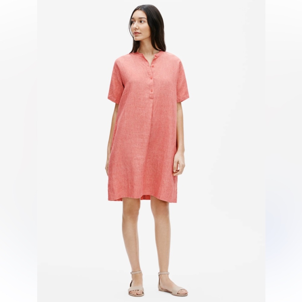 Eileen Fisher Washed Organic Linen Delave Mandarin Collar Shirtdress Size Large